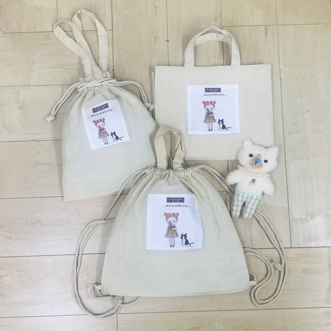 Melty&Micotyとお友達バッグ かすみ草ミコティ 巾着トート(名前入れ可)